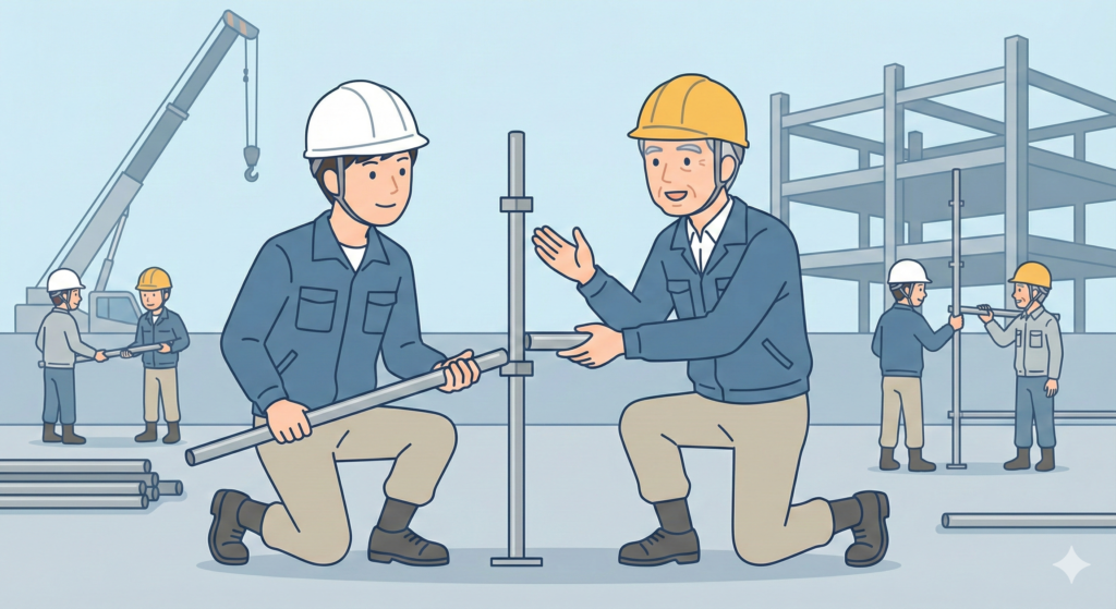 建設現場で協力して足場を組み立てる若手とベテランの作業員のイラスト
