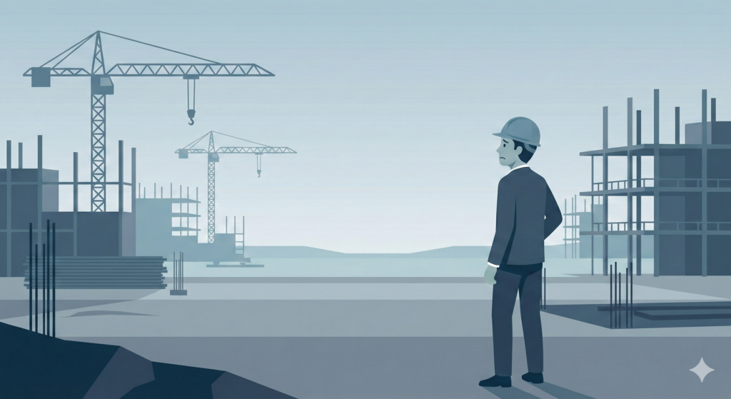 建設業の人手不足の構造を表したイラスト若手不足と高齢化が進む建設現場のイメージ図